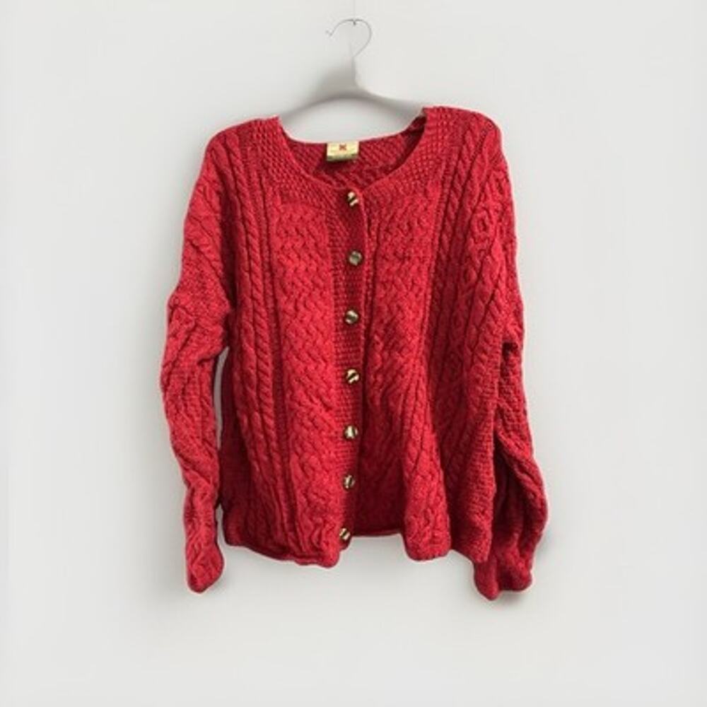 Carraig Donn Cardigan Womens XL Red Wool Cable Knit Ireland Chunky Fisherman